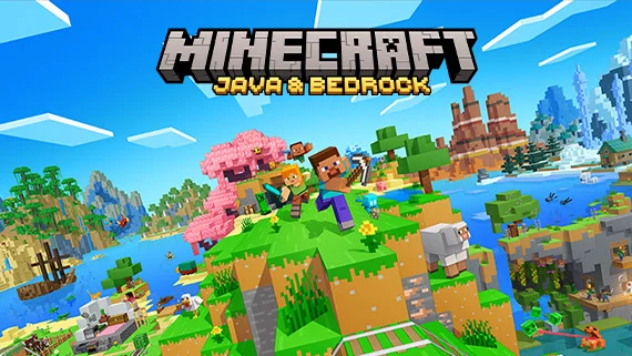 Arte oficial de Minecraft Java & Bedrock Edition com Steve, Alex, animais e diferentes biomas