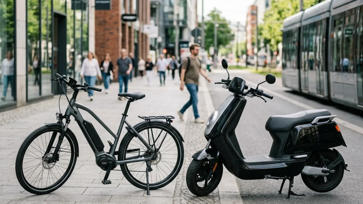 Bicicleta elétrica e scooter elétrica estacionadas lado a lado em uma rua urbana moderna